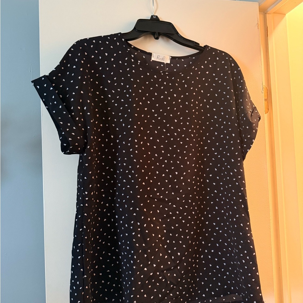 Rafaella Black Short Sleeve Blouse with White Heart Print